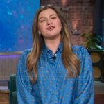 Kelly’s blue satin printed blouse on The Kelly Clarkson Show