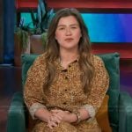 Kelly’s gold printed shirtdress on The Kelly Clarkson Show