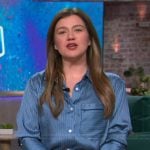 Kelly’s blue striped shirt and skirt on The Kelly Clarkson Show