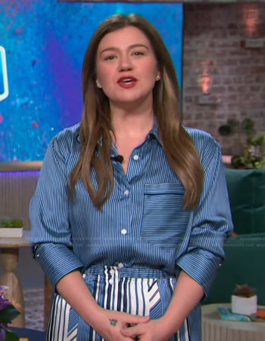 Kelly’s blue striped shirt and skirt on The Kelly Clarkson Show
