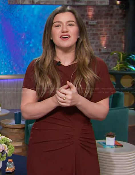 Kelly's burgundy ruched dress on The Kelly Clarkson Show