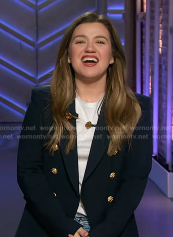 Kelly’s navy blazer with gold buttons on The Kelly Clarkson Show