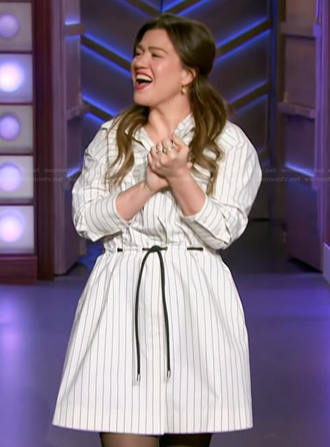 Kelly's white striped shirtdress on The Kelly Clarkson Show