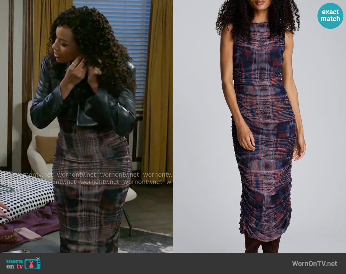 Kenneth Cole Abstract Print Ruched Mesh Midi Dress worn by Naomi Hamilton Hawthorne (Arielle Prepetit) on Beyond the Gates