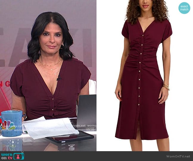 Kensie Short Sleeve V-Neck Ruched Button Midi Dress in Bordeaux worn by Darlene Rodriguez on Today