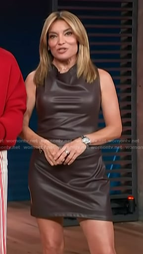 Kit's brown sleeveless leather mini dress on Access Hollywood