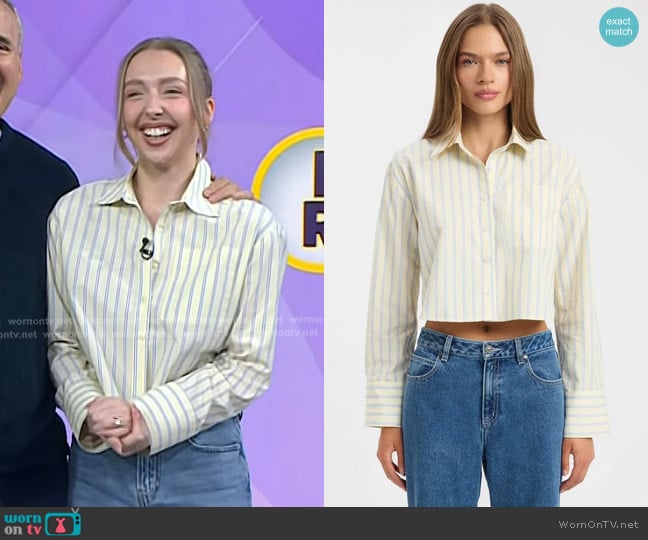 Kookai Freddy Stripe Boxy Shirt in Limonita/Blue worn by Lily Rosenthal on Today