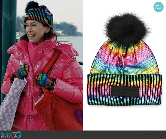Kurt Geiger London Metallic Foil Beanie with Faux Fur Pompom worn by Elsbeth Tascioni (Carrie Preston) on Elsbeth