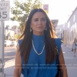 Kyle’s blue padded shoulder mini dress on The Real Housewives of Beverly Hills