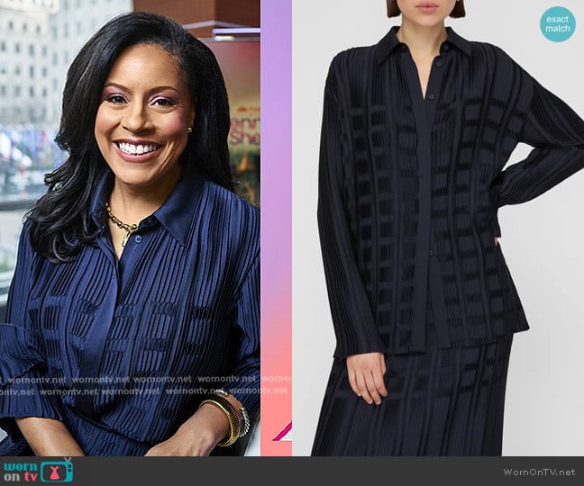 Lafayette 148 NY Basketweave Plissé Recycled Satin Blouse in Ink worn by Sheinelle Jones on Today