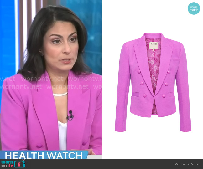 L'Agence Brooke Blazer in Bright Purple Jungle worn by Dr. Celine Gounder on CBS Mornings