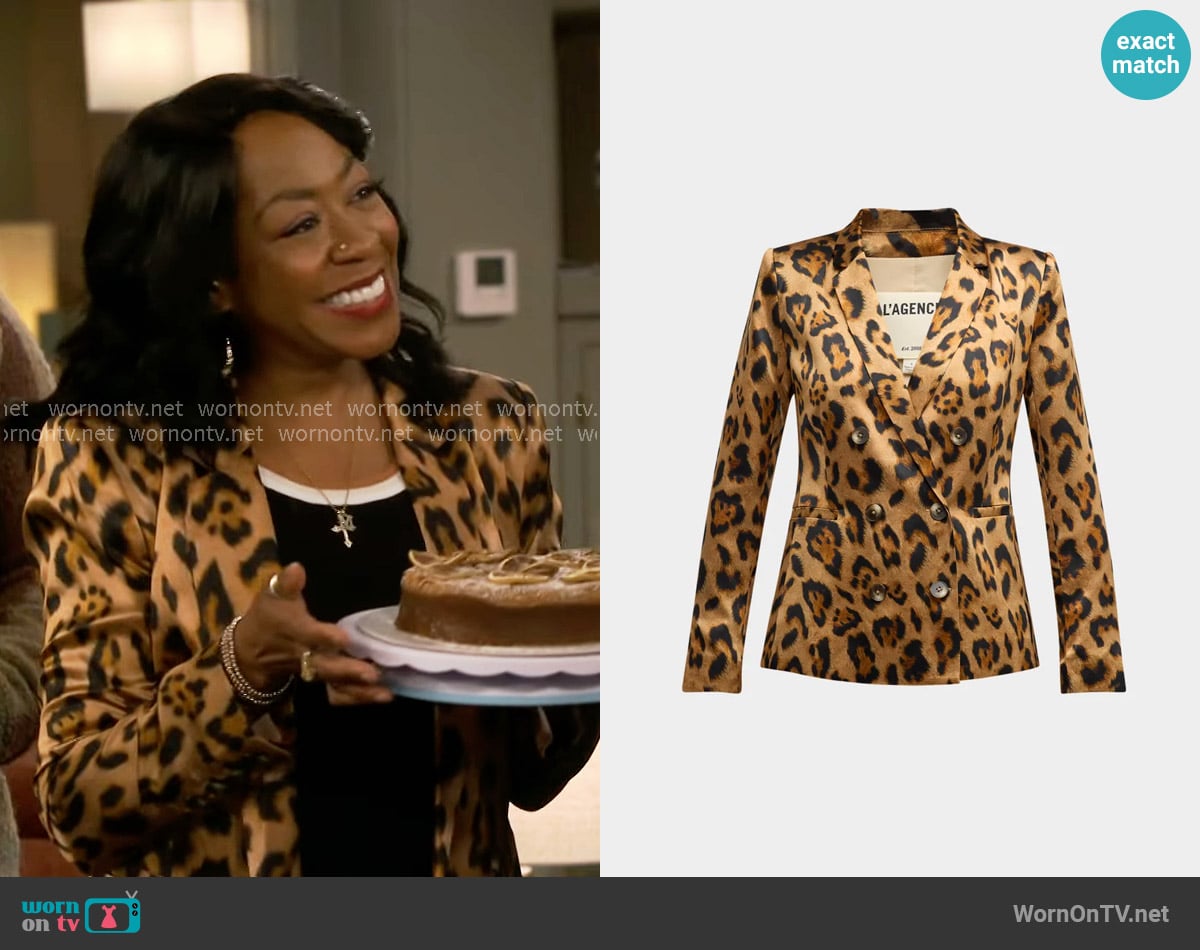 L'Agence Colin Leopard Double-Breasted Blazer worn by Tina Butler (Tichina Arnold) on The Neighborhood