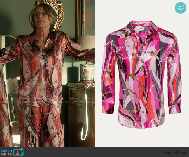 L'Agence Dani Belt Swirl Printed Silk Blouse worn by Dorothy Farinelli (Jamie Lee Curtis) on Scarpetta