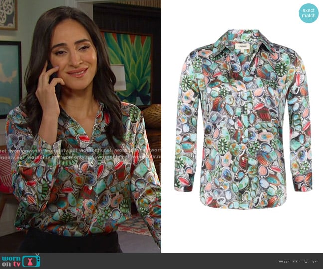 L'Agence Dani Mixed Ring Print Silk Button-Up Shirt worn by Gabi Hernandez (Cherie Jimenez) on Days of our Lives