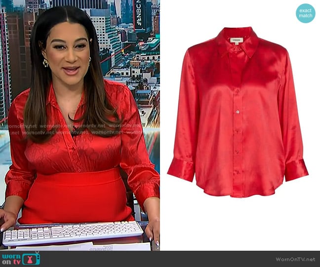 L'Agence Dani Silk Charmeuse Blouse in Red Allover Chain worn by Morgan Radford on NBC News Daily