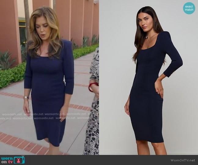 Kathy Ireland’s navy square neck dress on GMA
