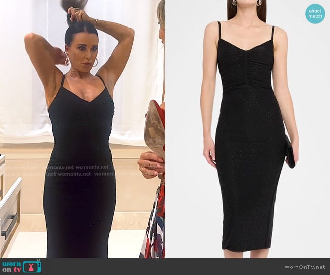 L'Agence Narissa Embellished Shirred Midi Dress worn by Kyle Richards on The Real Housewives of Beverly Hills