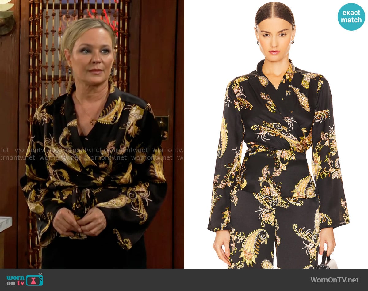 L'Agence Olive Wrap Blouse worn by Sharon Newman (Sharon Case) on The Young and the Restless