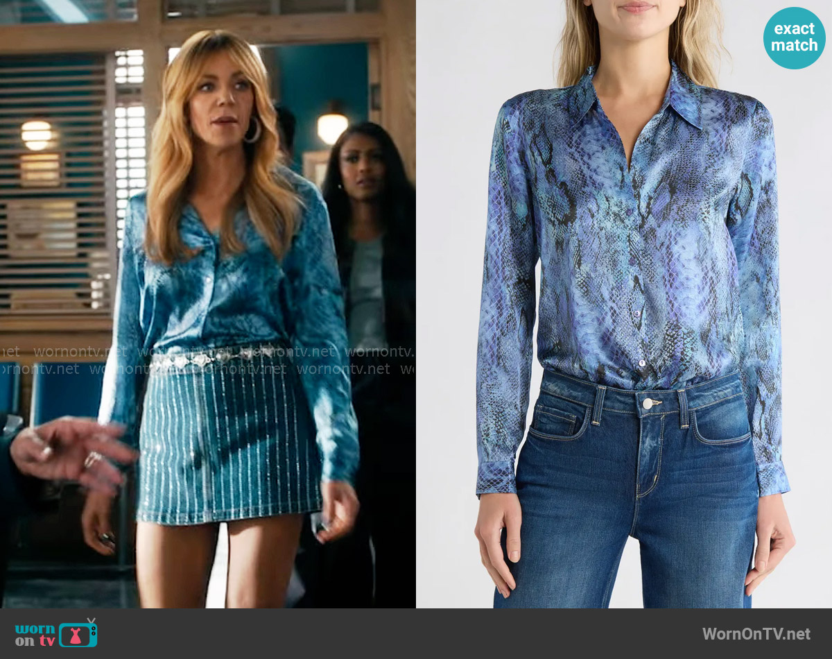 L'Agence Tyler Snakeskin Print Silk Button-Up Shirt worn by Morgan Gillory (Kaitlin Olson) on High Potential