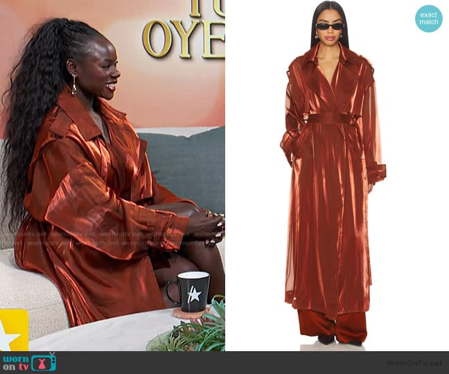Lapointe Metallic Organza Double Breasted Trench worn by Tunde Oyeneyin on Access Hollywood