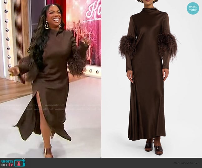 LaPointe Satin Feather-Cuff Draped Gown worn by Kandi Burruss on Sherri