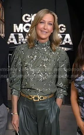 Lara’s green floral mock neck blouse on Good Morning America