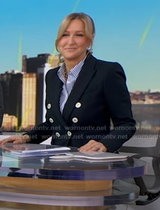 Lara’s navy blazer and metallic pants on Good Morning America
