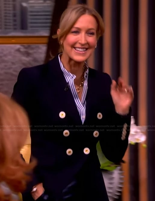 Lara’s navy double breasted blazer on The View