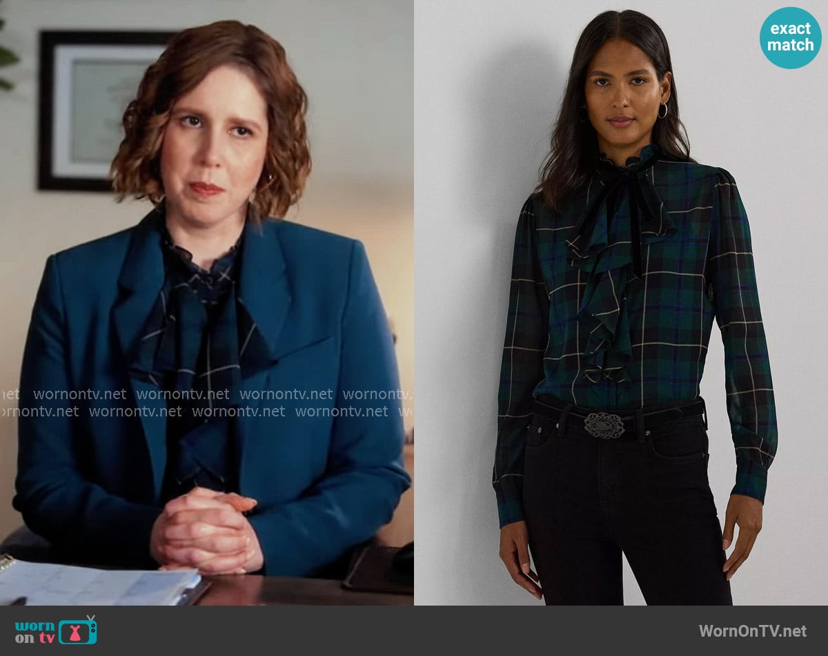 LAUREN Ralph Lauren Plaid Ruffle-Trim Georgette Blouse worn by Sibby Wilson (Vanessa Bayer) on Scrubs