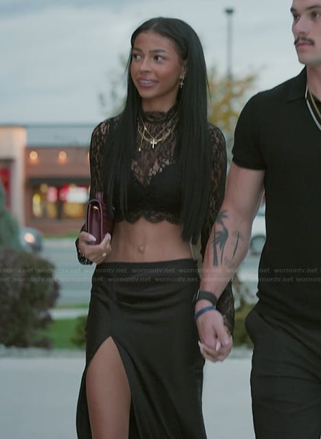 Layla’s black satin slit skirt on The Secret Lives of Mormon Wives