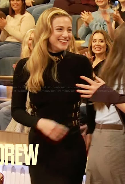 Lili Reinhart’s black buckle detail dress on The Drew Barrymore Show
