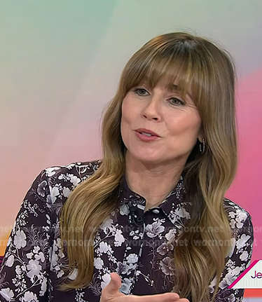 Linda Cardellini's burgundy floral blouse and leather skirt on Today