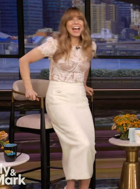 Linda Cardellini's white lace corset top and skirt on Live with Kelly and Mark