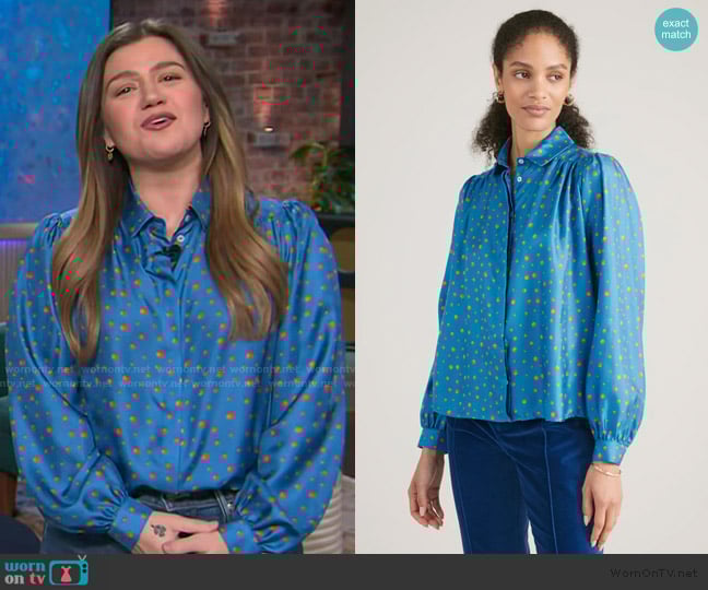 Lisou Eliza Blue Polka Dot Silk Shirt worn by Kelly Clarkson on The Kelly Clarkson Show