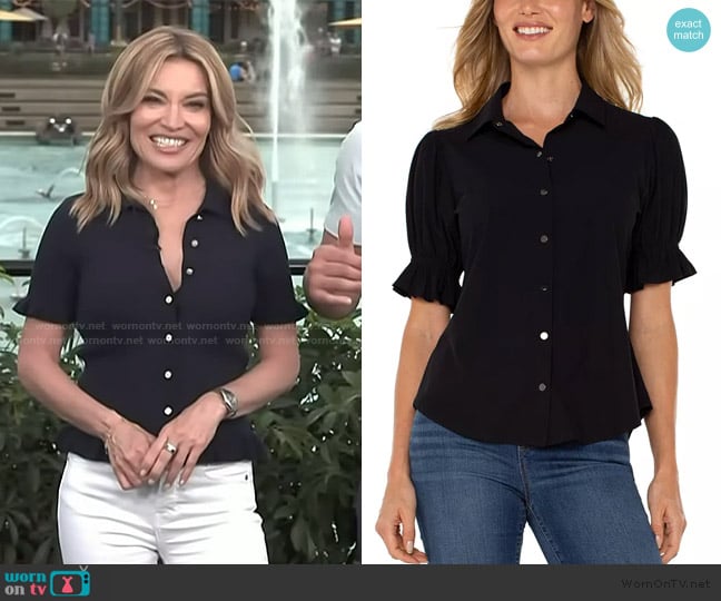 Kit’s black ruffle sleeve top on Access Hollywood Kit’s black ruffle sleeve top on Access Hollywood