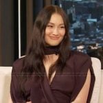 Lola Tung’s burgundy draped mini dress on The Drew Barrymore Show