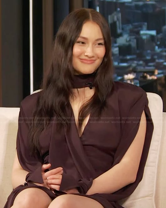 Lola Tung’s burgundy draped mini dress on The Drew Barrymore Show