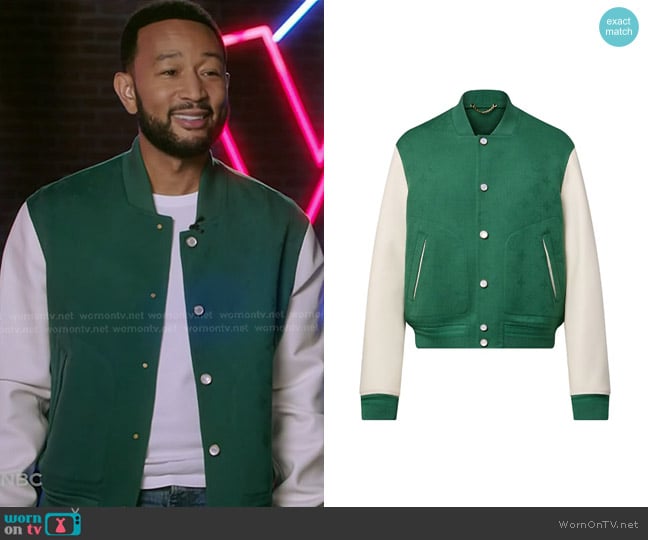 Louis Vuitton Leather Mix Monogram Varsity Jacket worn by John Legend on The Voice
