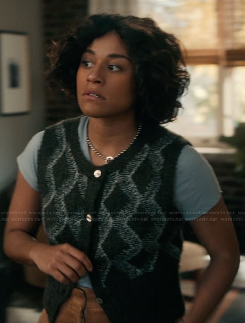 Lucy's green argyle vest on Scarpetta