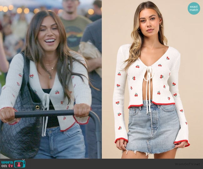 Lulus Tanvi Ivory Floral Embroidered Ribbed Tie-Front Cardigan worn by Jessi Ngatikaura on The Secret Lives of Mormon Wives