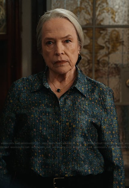 Madeline's blue floral print satin blouse on Matlock