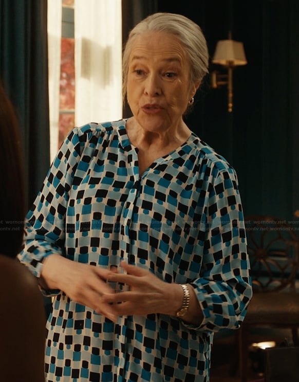 Madeline's blue geometric print top on Matlock