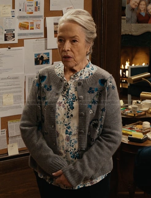 Madeline's gray floral embroidered cardigan on Matlock