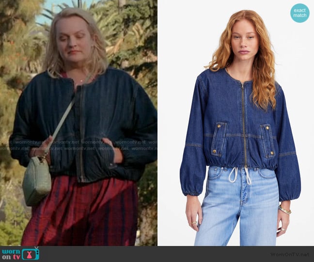 Madewell Bubble-Sleeve Jean Bomber Jacket worn by Mary (Elisabeth Moss) on Imperfect Women