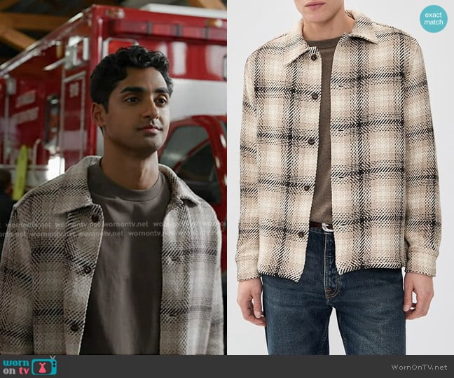 Madewell Twill Shirt-Jacket in Broken Plaid Grey worn by Ravi Panikkar (Anirudh Pisharody) on 9-1-1