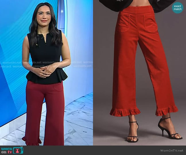 Maeve The Colette Crop Velvet Ruffle-Hem Pants worn by Emilie Ikeda on Today