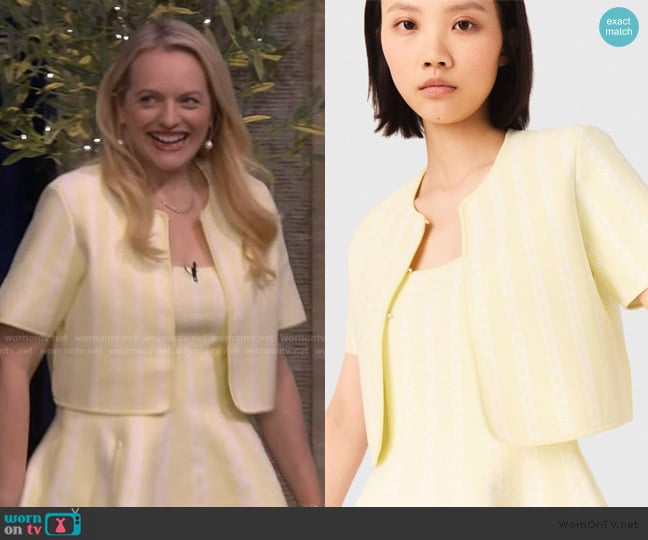 Maje Cropped fancy knit cardigan worn by Elizabeth Moss on Live with Kelly and Mark
