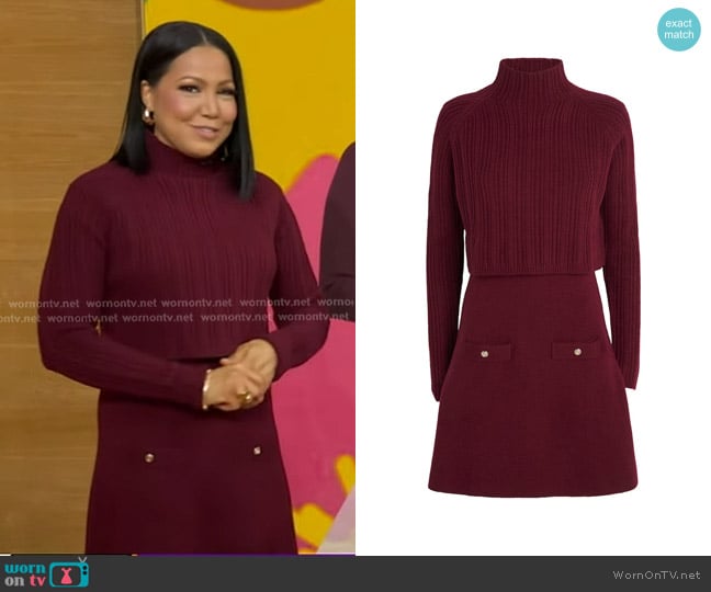 Maje Knit Dress with Removable Sweater in Burgundy worn by Stephanie Ramos on Good Morning America