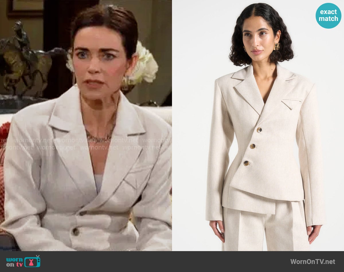 Maniere de Voir Thalia Blazer in Light Beige worn by Victoria Newman (Amelia Heinle) on The Young and the Restless