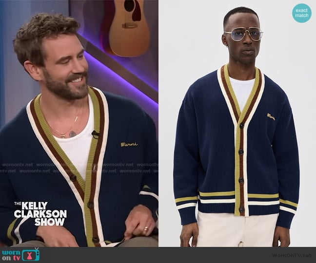 Nick’s blue contrast stripe cardigan on The Kelly Clarkson Show